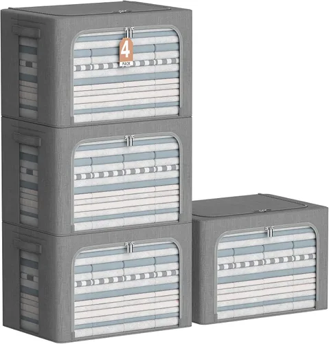 Vista 10 de Paquete de 4 contenedores de almacenamiento de ropa con marco de metal, juego organizador plegable de tela de lino con ventana transparente, asas