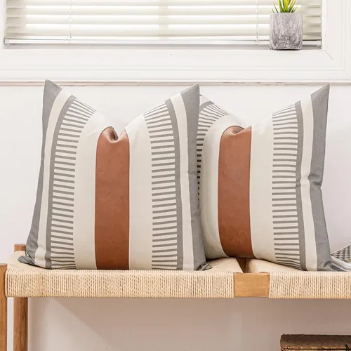 Vista 14 de Juego de 2 fundas de almohada bohemias a rayas de 16 x 16 pulgadas, fundas de almohada de cuero modernas para sofá, cama, decoración de granja