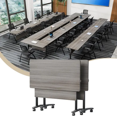 Vista 30 de Mesa de conferencias plegable con ruedas, mesa modular para sala de conferencias con 2 ojales para cables, mesas móviles de sala de reuniones