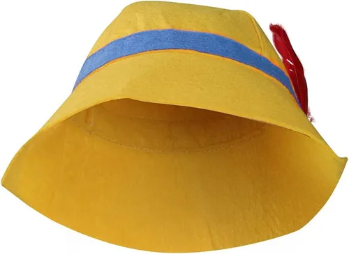 Vista 2 de Sombrero de marioneta para niños con plumas, disfraz de cosplay para niños, tallas para Halloween, Navidad, fiesta, sombrero amarillo de verano