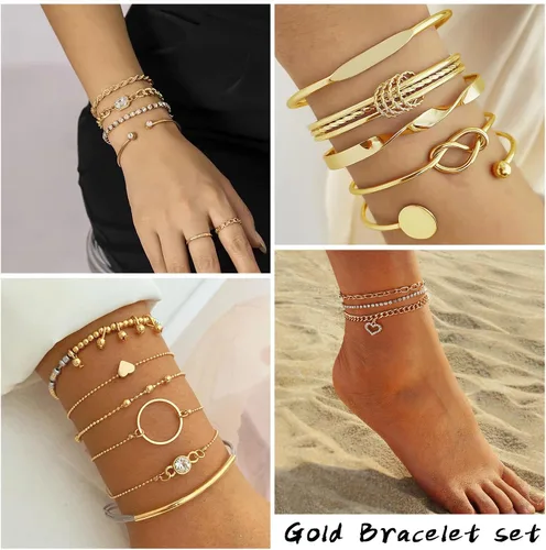 Vista 3 de IFKM Juego de 6 pulseras de cadena de oro bohemio para mujer, chapado en oro de 14 quilates, múltiples capas, apilables, abiertas, con eslabones