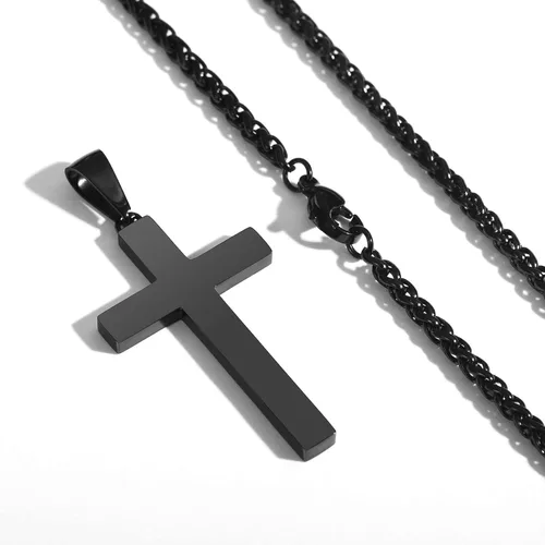 Vista 2 de P. BLAKE Collar con colgante de cruz de acero inoxidable para hombre, colgante de cruz cristiana con cadena de 16 a 24 pulgadas, collar de cruz