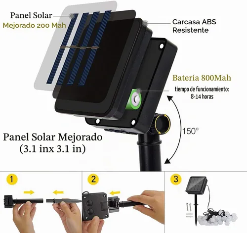 Vista 7 de Luces solares de Navidad para exteriores, impermeables, 8 modos de 23.0 ft/24 pies, 50 luces LED de bola de cristal para exteriores, luces solares