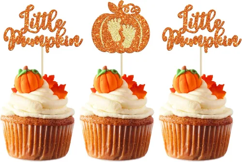 Vista 10 de 24 adornos para cupcakes de calabaza para niños o niñas con purpurina para revelación de género, decoración para cupcakes de calabaza, pies