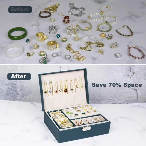 Vista 2 de SYCARON Joyero organizador para mujeres y niñas, estuche organizador de joyas de 2 capas, caja de almacenamiento de joyería de piel sintética