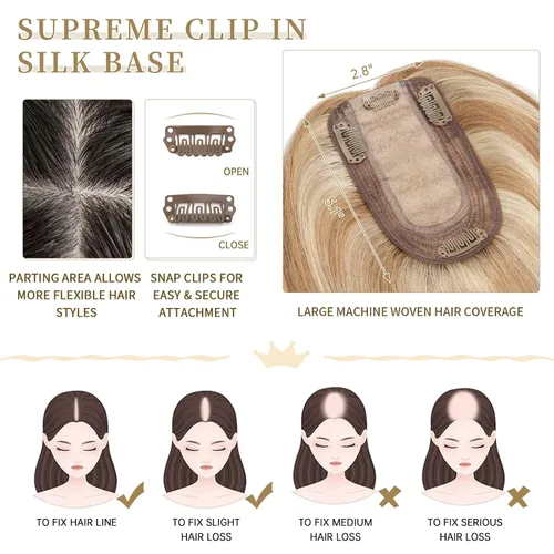 Vista 25 de Hairro Toppers de cabello humano 100% real para mujeres sin flequillo, postizos de cabello real con clip, base de seda transpirable para cubrir