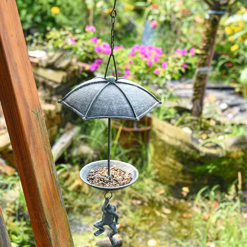 Vista 4 de Sungmor Comedero decorativo colgante para pájaros, baño de pájaros de hierro fundido impermeable, diseño único de paracaidismo de rana verde