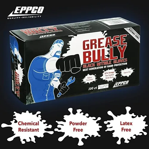 Vista 2 de DENCO DISTRIBUTING, INC. Grease Bully - Guantes de nitrilo – 0.2 fl oz – Negro – Sin polvo y látex – 1000 unidades – 10 cajas Powder & latex free
