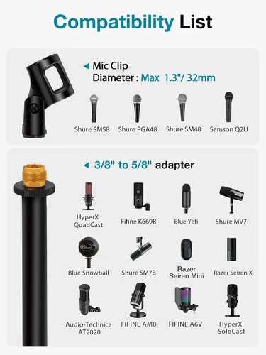 Vista 5 de InnoGear Soporte de micrófono de escritorio, soporte de micrófono de mesa mejorado ajustable con clip de micrófono y tornillo macho de 5/8" a hembra