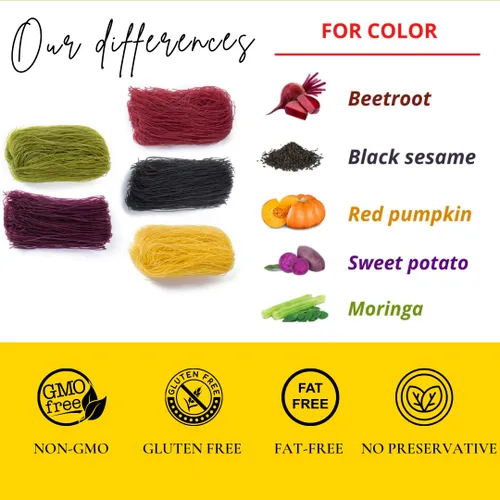 Vista 4 de TANISA 3 paquetes de fideos de arroz Vercimelli vegetales, 5 colores naturalmente vegetales, fideos de arroz finos, fideos sin gluten, sin OMG, sin