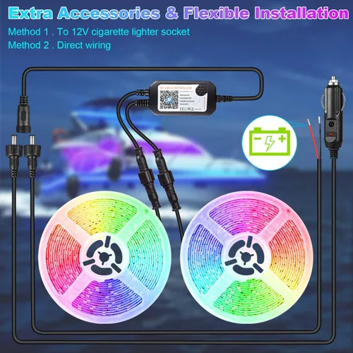Vista 7 de Luces LED de barco de 66 pies, tiras de luces LED marinas impermeables RGB de 12V, luces de barco pontón IP67 con control de aplicación, luz