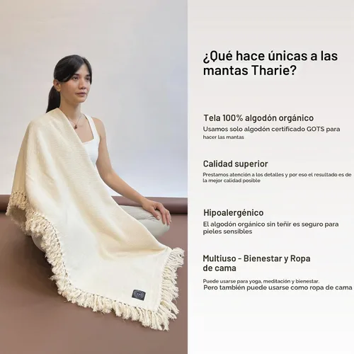 Vista 5 de Tharie Manta de algodón orgánico tejida a mano con certificación GOTS, ligera y transpirable, 55.9 x 78.7 in