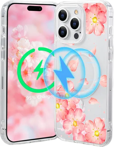 Vista 14 de Funda magnética de flores para iPhone 15 [compatible con MagSafe] Bonito patrón floral transparente a prueba de golpes