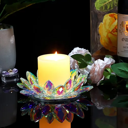 Vista 7 de OwnMy Portavelas de flor de loto de cristal para velas de pilar de hasta 3 pulgadas, portavelas votivas de pétalo de loto de vidrio decorativo