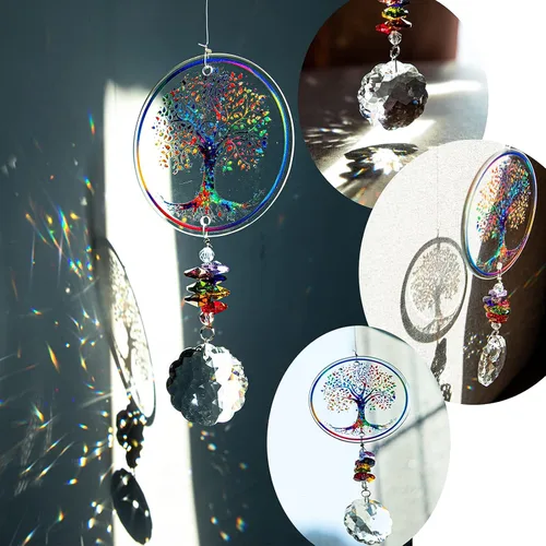 Vista 2 de Adorno colgante de chakra prisma de cristal con diseño de árbol de la vida K9 Crystal Glass Tree of Life Suncatcher Window Car Home Decor Rainbow