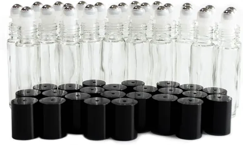 Vista 7 de Botellas de vidrio transparente de 0.3 fl oz con bolas de rodillo de acero inoxidable y tapas negras, paquete de 24 (transparente)