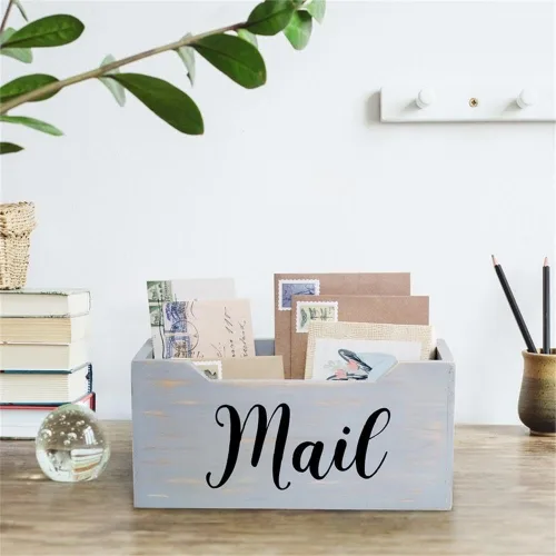 Vista 5 de Elegant Designs HG2010-GMB - Caja organizadora de madera rústica de madera con escritura negra con texto en inglés, soporte para cartas, accesorios
