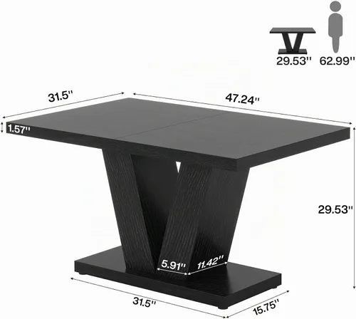 Vista 2 de Tribesigns Mesa de comedor de 47 pulgadas para 4, mesa de comedor de cocina negra con pedestal resistente, mesa de comedor de madera de granja