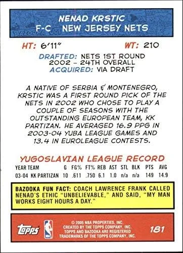 Vista 2 de 2004-05 Bazooka Mini #181 Nenad Krstic NBA Basketball Trading Card