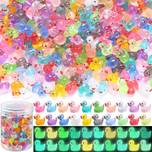Vista 11 de DULEFUN 100 piezas mini patos con purpurina coloridos pequeños de resina para ocultar figuras de animales de plástico para casa de muñecas, micro