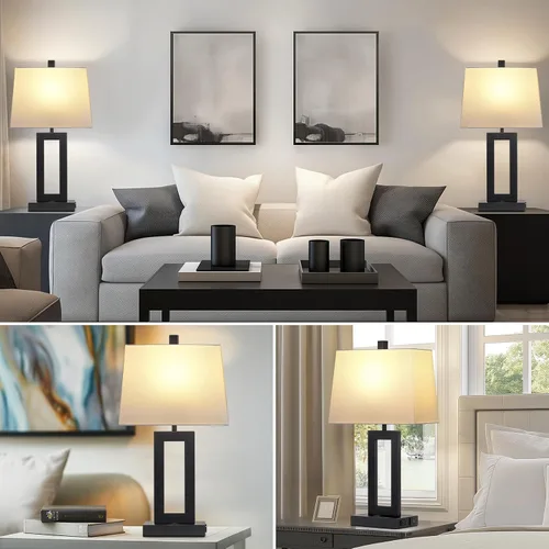 Vista 3 de Cinkeda Juego de 2 lámparas de mesa con puertos USB C+A y salida de CA, lámparas de noche, lámparas modernas para dormitorio, lámparas negras