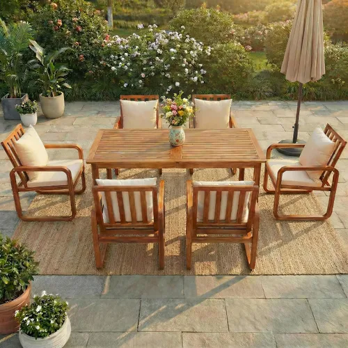 Vista 17 de RUNNA Juego de mesa de comedor de 6 piezas, juegos de muebles de exterior con agujero para paraguas, mesa rectangular de 71 pulgadas, sillas y banco