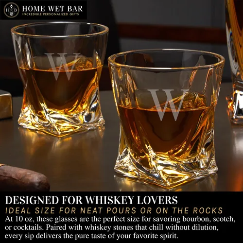 Vista 7 de Vasos de Whisky Personalizados – Juego de vasos de whisky con giro personalizado y grabado y estuche de exhibición con piedras de whisky de Home Wet