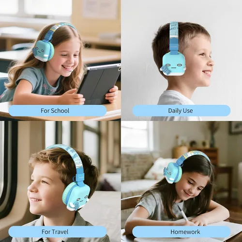 Vista 4 de Auriculares Bluetooth para niños, límite de volumen de 85 dB, ultra suaves sobre la oreja, micrófono incorporado, plegables, diseño de animales