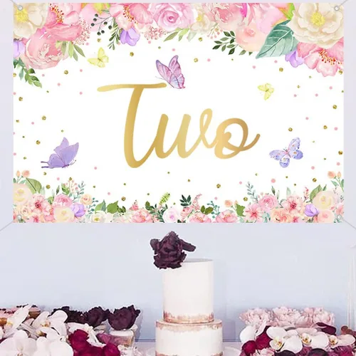 Vista 4 de Cartel de fondo de feliz segundo cumpleaños para decoración de fiesta para niña de 2 años, cartel de tela con texto en inglés "Happy 2", fondo