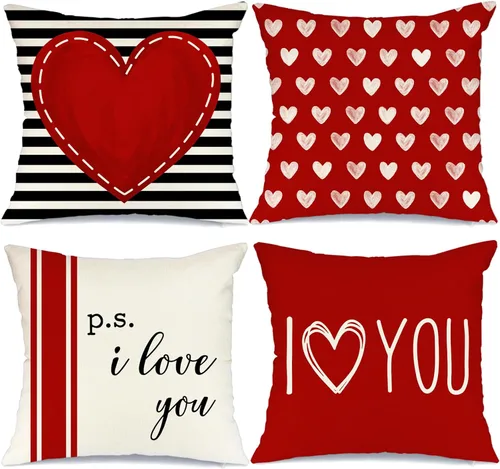 Vista 11 de GEEORY Juego de 4 fundas de almohada para el día de San Valentín de 18 x 18 pulgadas para decoración de San Valentín, diseño de rayas rosas