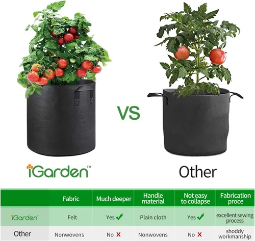 Vista 8 de iGarden Bolsas de cultivo altas, macetas de cultivo de 15 galones, paquete de 5 con asas, bolsa de tela no tejida gruesa de 11.29 oz para verduras