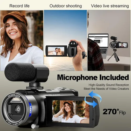 Vista 4 de NBD Videocámara de video 4K Ultra 48MP Vlogging Cámara para YouTube, videocámara digital con zoom 16X de 3.0 pulgadas IPS 270° con micrófono, luz