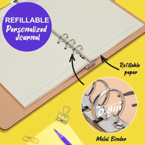 Vista 4 de Cuaderno de cuero personalizado, cuadernos recargables para mujeres y hombres, diario con forro personalizado para escribir, diario para mujeres
