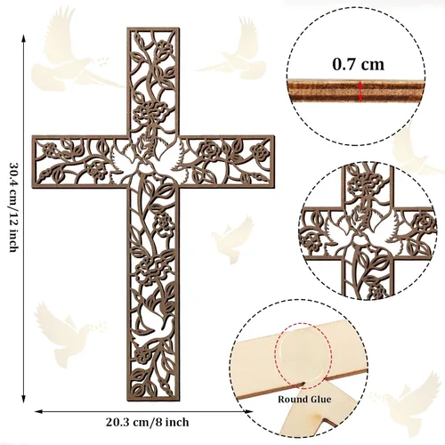 Vista 3 de Yookeer Cruz de madera para colgar en la pared, paloma religiosa, decoración de sala de estar, decoración rústica de madera para el hogar