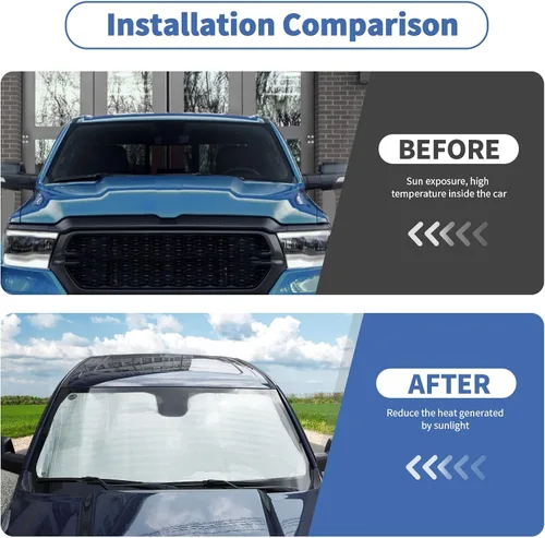 Vista 2 de Linskip Parasol de parabrisas personalizado para RAM 1500 2018-2023, accesorios interiores para parasol, visera exterior reflectante