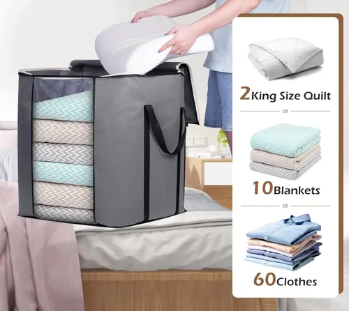 Vista 3 de SLEEPING LAMB Bolsas de almacenamiento de mantas extra grandes de 120 L, contenedores de almacenamiento de ropa transpirables para edredón King