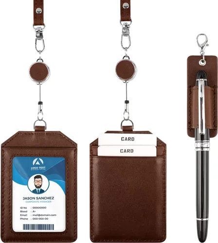 Vista 22 de boshiho - Soporte para tarjetas de identificación de crédito de piel auténtica con cordón elástico para el cuello, estilo vertical (negro)