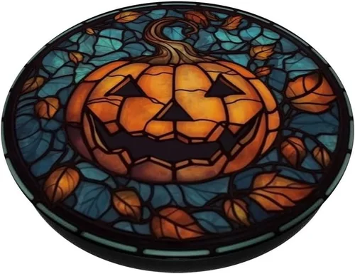Vista 2 de Calabaza de Halloween vidrieras hojas de otoño negras PopSockets Standard PopGrip