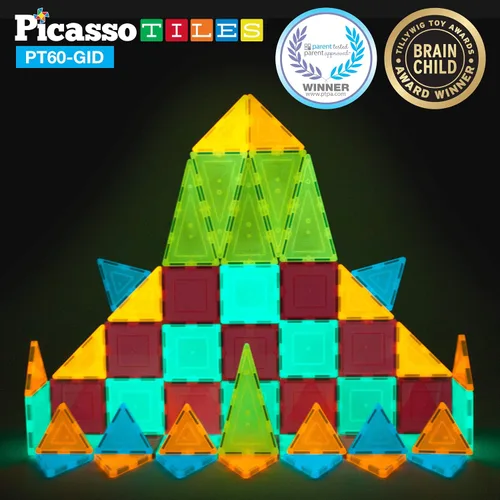 Vista 3 de PicassoTiles 60 bloques de construcción magnéticos brillantes + 12 piezas de azulejos de espejo, bloques de construcción 3D magnéticos