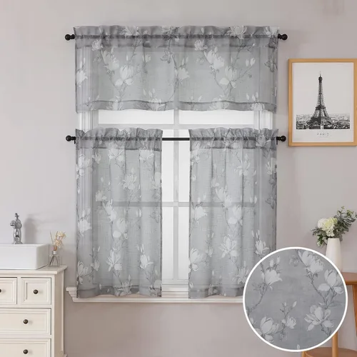 Vista 22 de SMILE WEAVER 2 paneles de cortinas traslúcidas turquesa de 45 pulgadas de largo, para sala de estar, cortinas semitransparentes florales