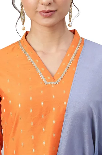 Vista 6 de Janasya Kurta tejida de seda chanderi naranja india para mujer con Palazzo y Dupatta