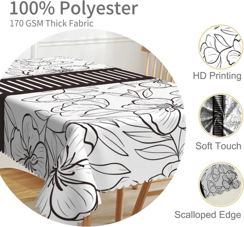 Vista 3 de Mantel rectangular floral de 52 x 70 pulgadas, color blanco y negro, estampado floral, a prueba de derrames y aceite, para cocina, comedor