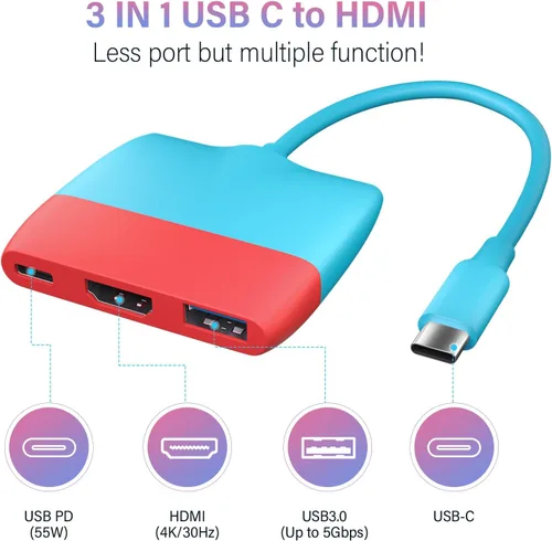 Vista 5 de Battony Adaptador USB C a HDTV para Nintendo SwitchSwitch OLEDMacBook Pro AiriPad ProAndroid Phone, USB3.0 5GBps Transferencia de fecha, USBC a 4K