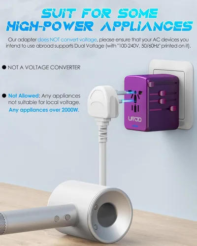 Vista 4 de Adaptador de viaje universal con 3 puertos USB-C + 2 puertos USB-A de carga rápida de 30 W, salida de CA de 2500 W, adaptador de corriente 3 USB