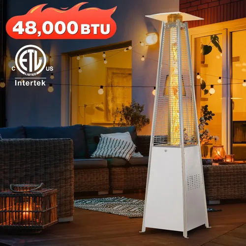 Vista 2 de FOOWIN Calentador de propano para patio, 48,000 BTU con ruedas/cubierta impermeable y guantes, calentador de pirámide de tubo de vidrio de cuarzo
