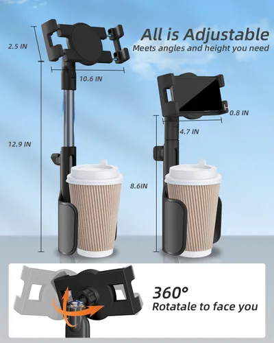 Vista 7 de 3 in 1 Tablet Holder for Car Bottle, 360°Rotatable & Aluminum Telescopic Arm Sturdy Rod Cup Holder Tablet Mount for iPad Pro