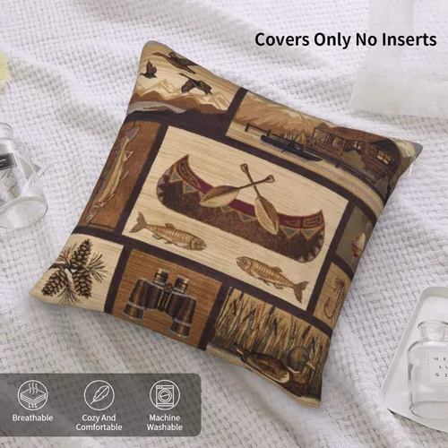 Vista 6 de Juego de 2 fundas de almohada cuadradas de 18 x 18 pulgadas, estilo retro, natural, cabaña, cisne, pez, pato, decoración para el hogar, sofá, fundas