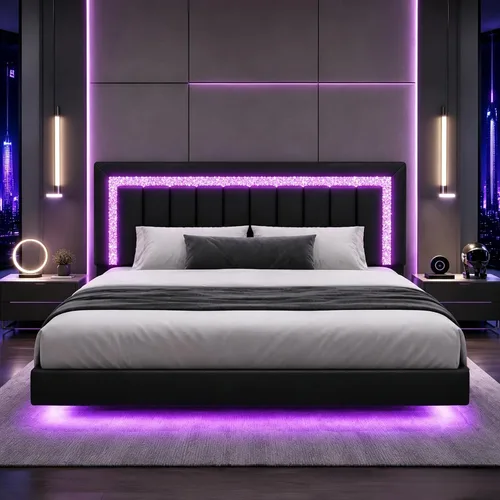 Vista 13 de HOMBCK Base de cama flotante individual con luces LED inteligentes, cama de plataforma tapizada de piel sintética con cabecera de diamante, no Negro