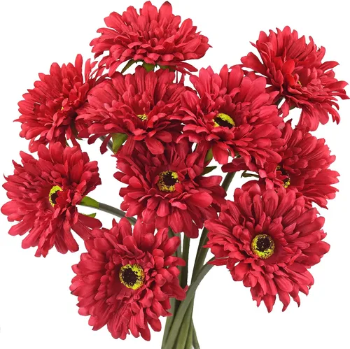 Vista 30 de FiveSeasonStuff Real Touch Gerbera Daisy - Arreglo de flores artificiales y ramo de boda (7 tallos florales, rojo baya)