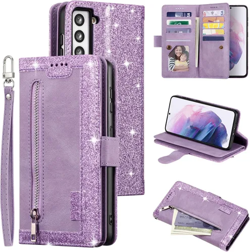 Vista 12 de UEEBAI Funda tipo cartera para Samsung Galaxy S22 5G, Retro 9 ranuras para tarjetero, bolsillo con cremallera, cierre magnético, función atril